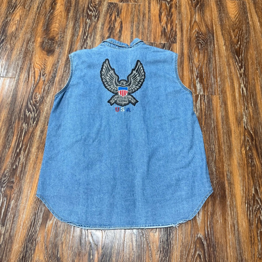 Monique Vintage Denim Vest Blue Eagle Patch Star Studded Made in USA‎ Size 14